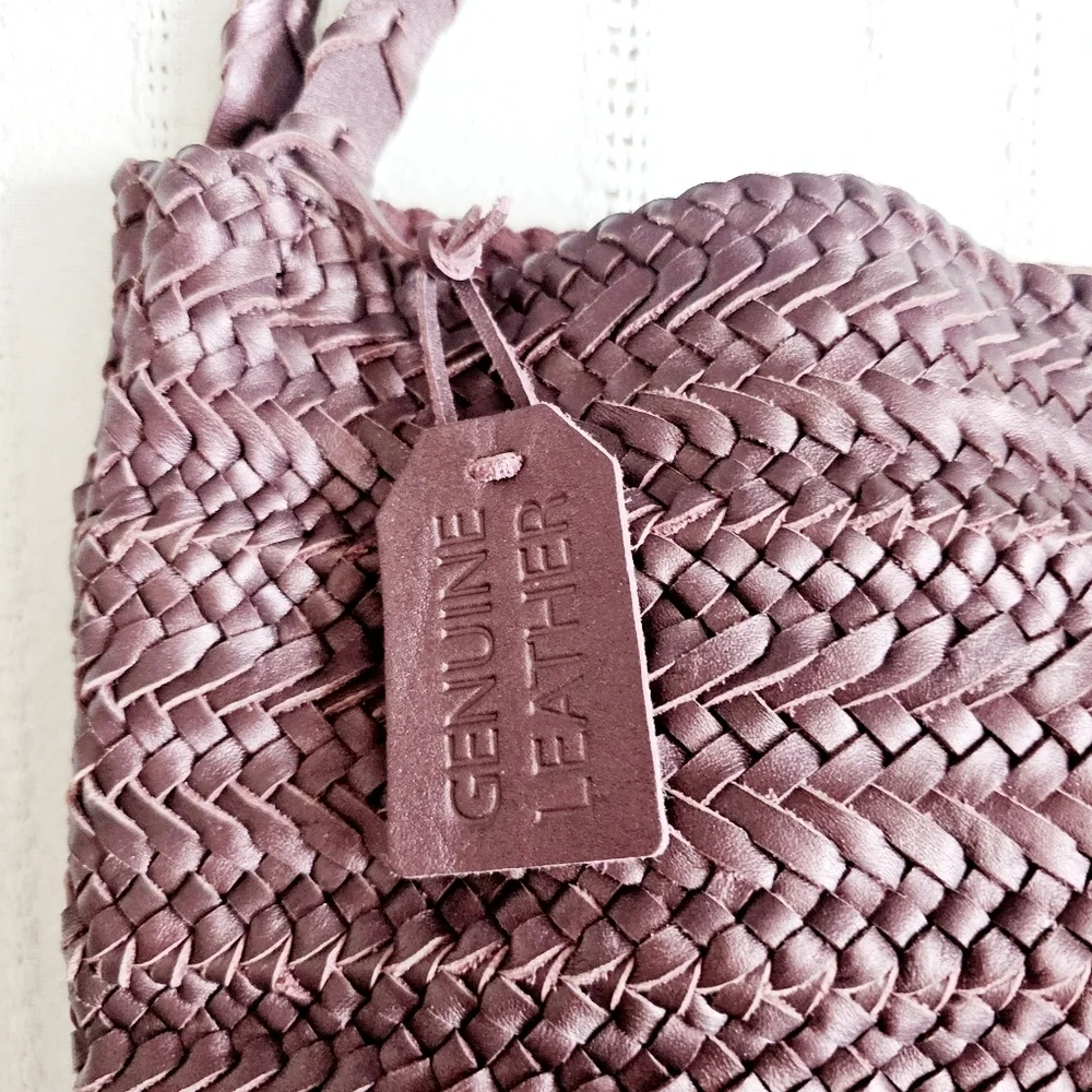 Handcrafted In India Braided Woven Leather Tote Bag Shoulder Purse Purple NWT - Picture 5 of 14